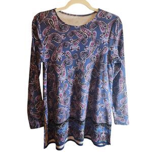 J.JILL PERFECT PIMA PURPLE PAISLEY TUNIC HI LOW SIZE MEDIUM PETITE CREW NECK